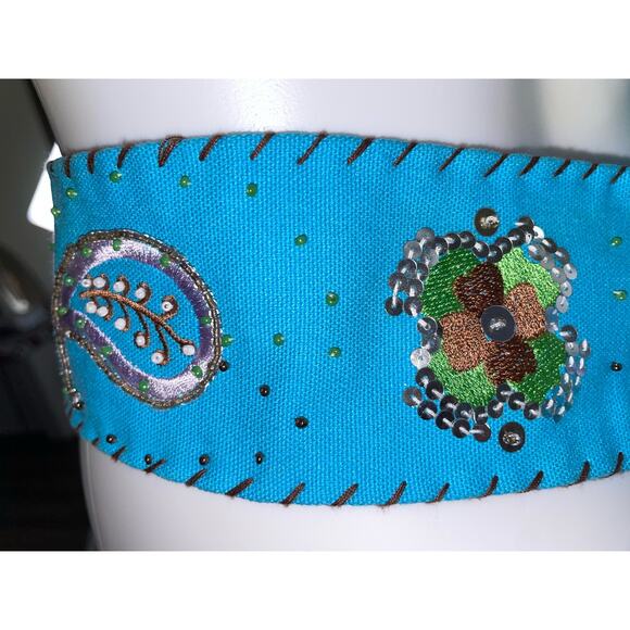 Turquoise Cotton Beaded Belt, Stitching, beads, sequins, dress up or down, M/L - Picture 3 of 4